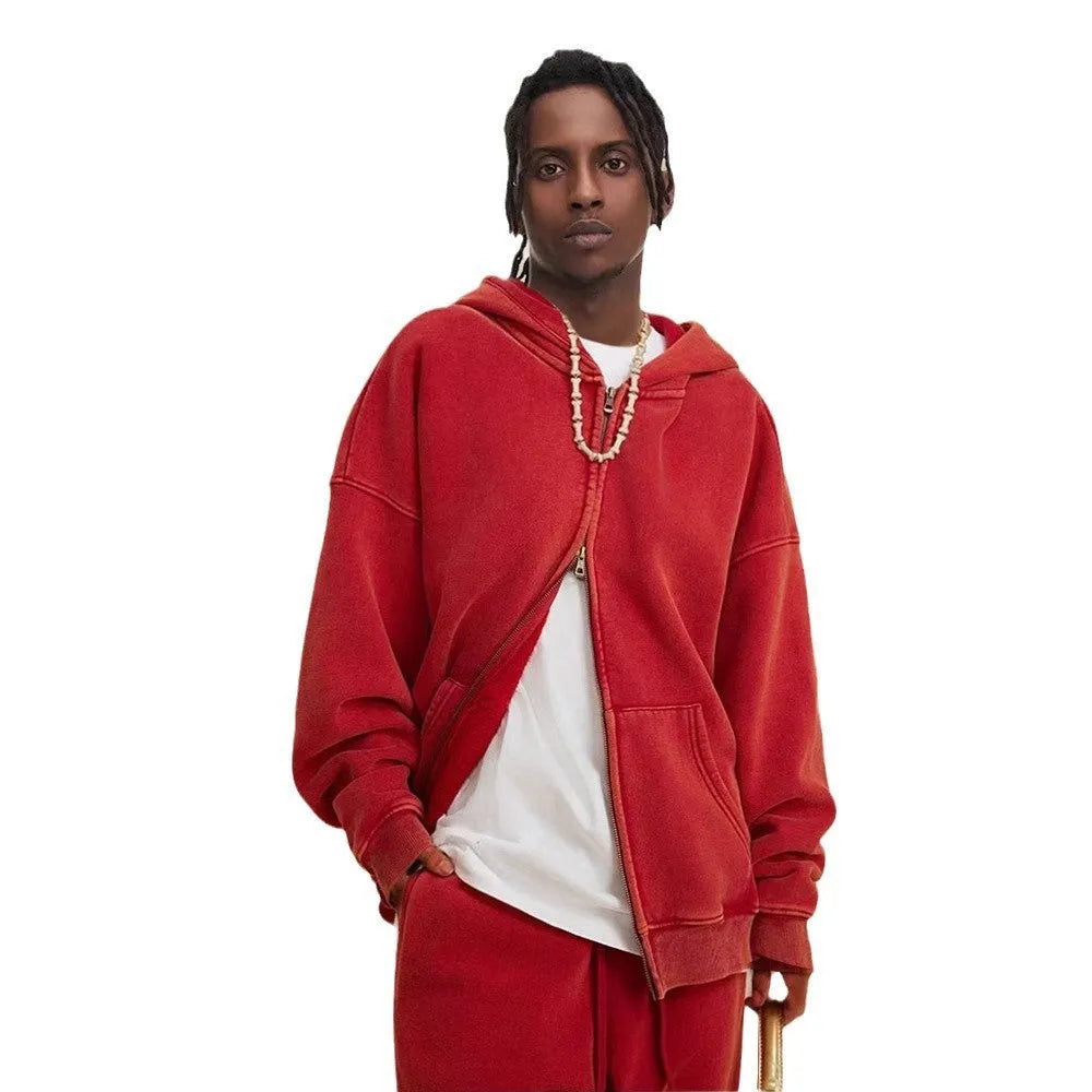 Men's vintage washed cotton hooded cardigan with fleece lining and a double zipper front.