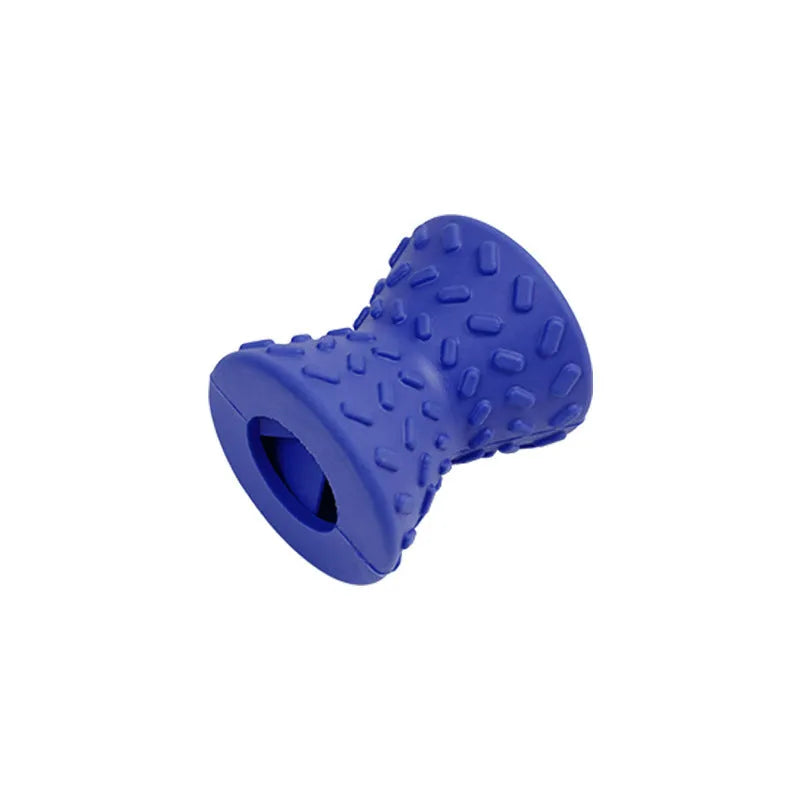 Blue durable rubber dog chew bone toy with hollow treat-dispensing centre and leakage holes.