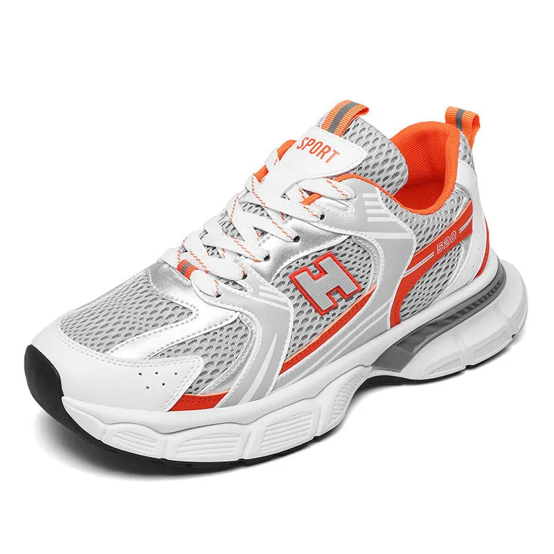 Men's mesh running shoes with plastic sole in three colour options showing round toe design