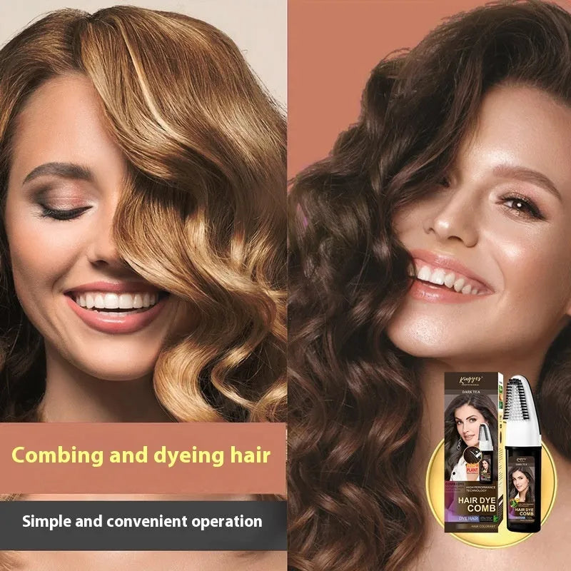 Bottle of permanent hair dye with comb applicator brush in brown, dark brown or wine red colour.