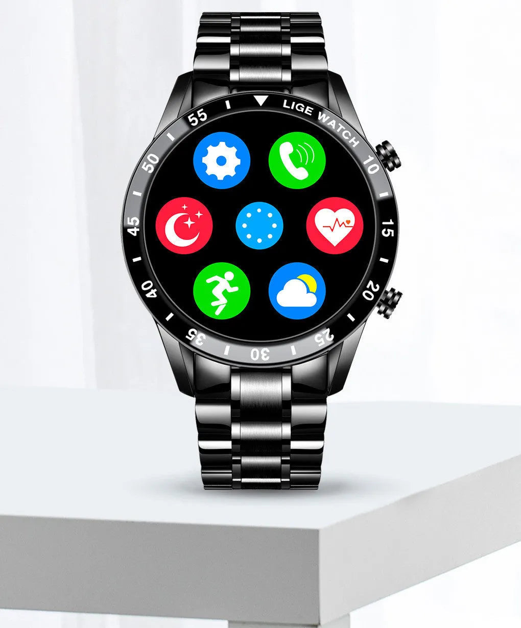 Smart watch with stainless steel band and 1.3-inch touch screen display showing step count
