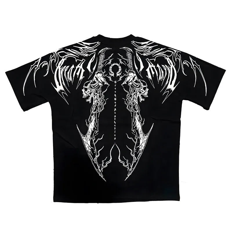 Dark style women's loose fit cotton t-shirt with gold gilding detailing on short sleeves