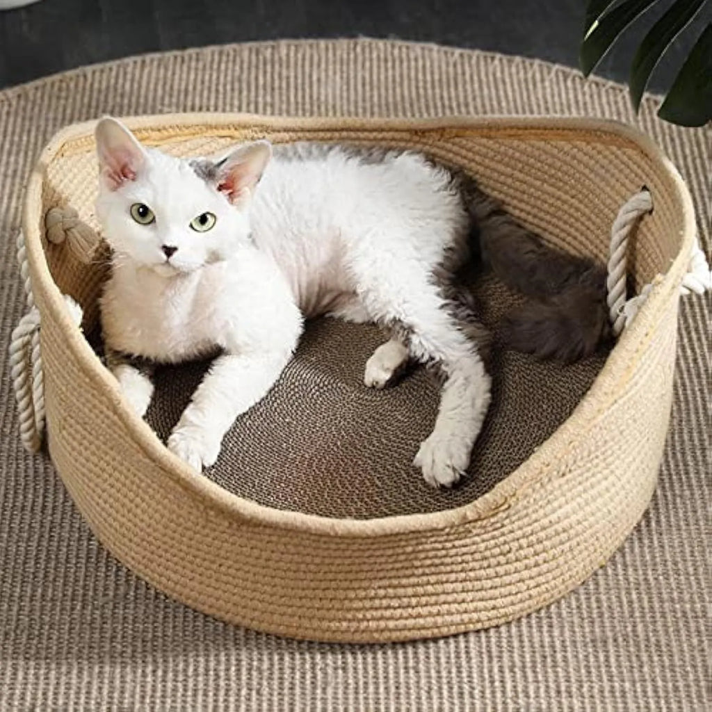 Wicker cat bed basket with a corrugated scratching surface, shown in two sizes.