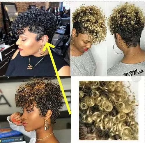Short synthetic wig on a mannequin head showing simple rolls hairstyle in a dark colour.