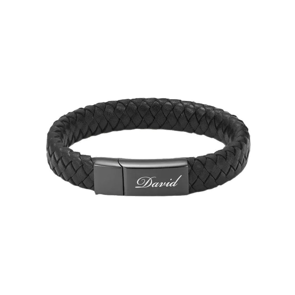 Black leather cord bracelet with woven stainless steel casket pendant.