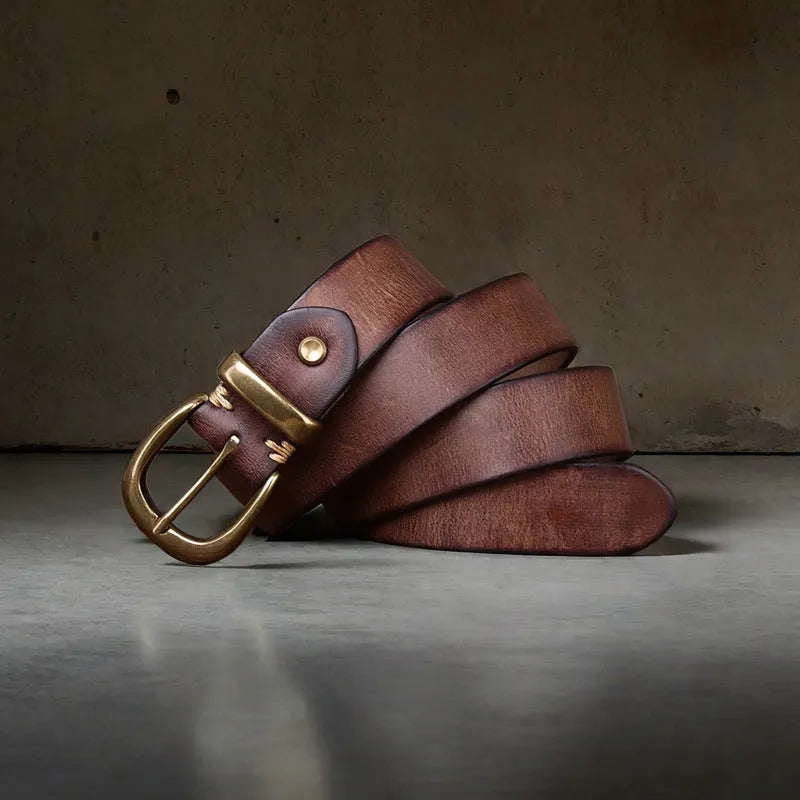 Men's cattlehide leather casual belt with copper pin buckle in black brown khaki colours
