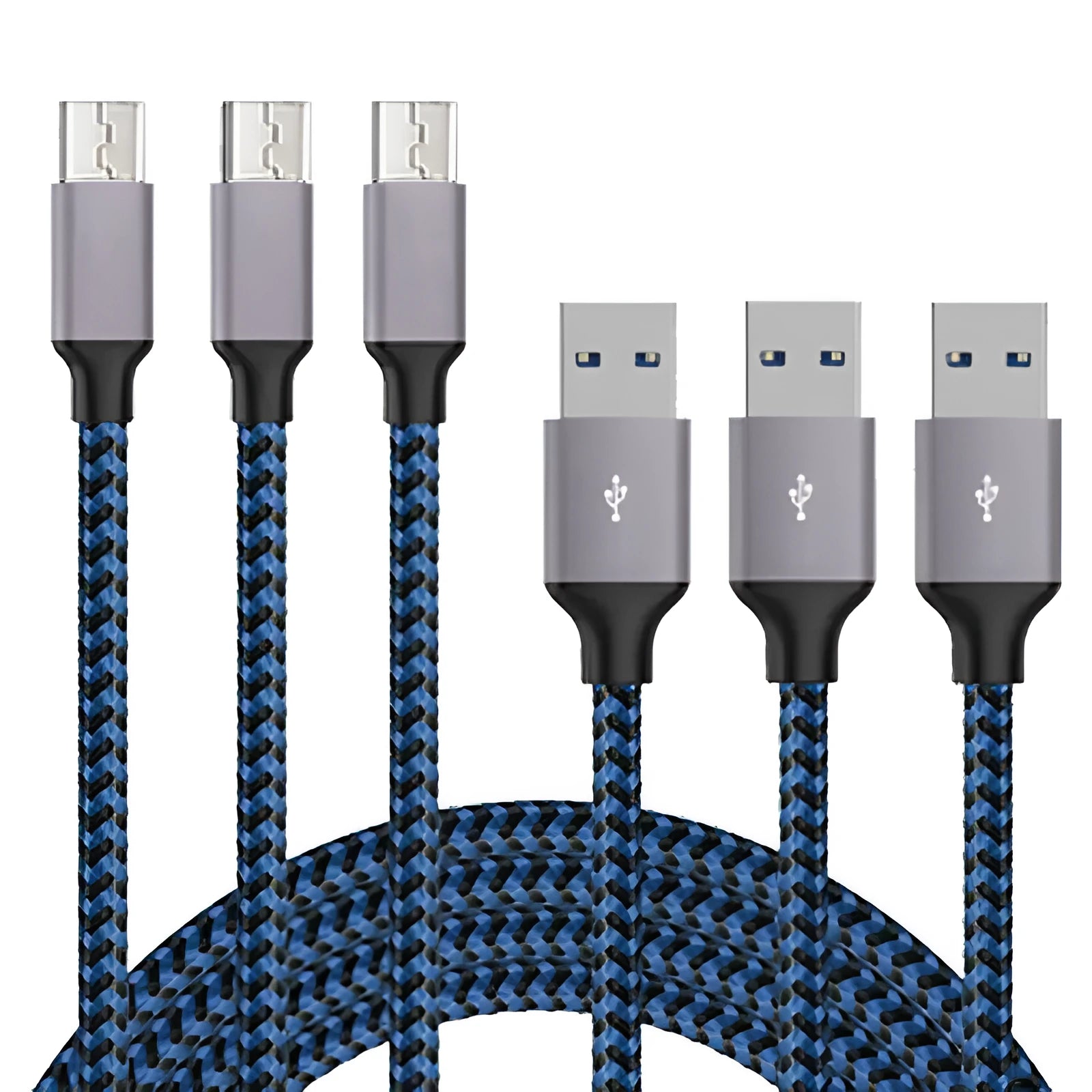 Braided fast charge Micro USB cable for Android phones in black and white, black blue, or black red colours