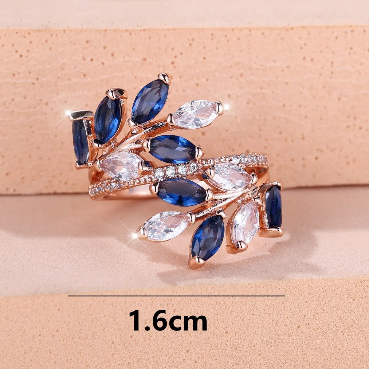 Adjustable copper leaf ring with zircon accents in multiple colour finishes including platinum white and rose gold