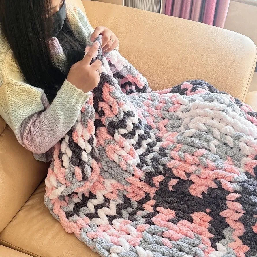 Coarse yarn chenille knitted braided gravity blanket showing texture and colour options