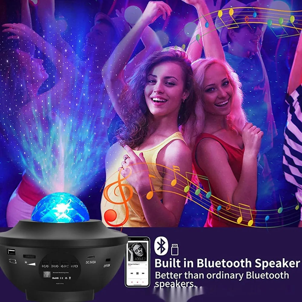 Black parallel style starry sky projection lamp with rotating water ripple laser effects and remote control