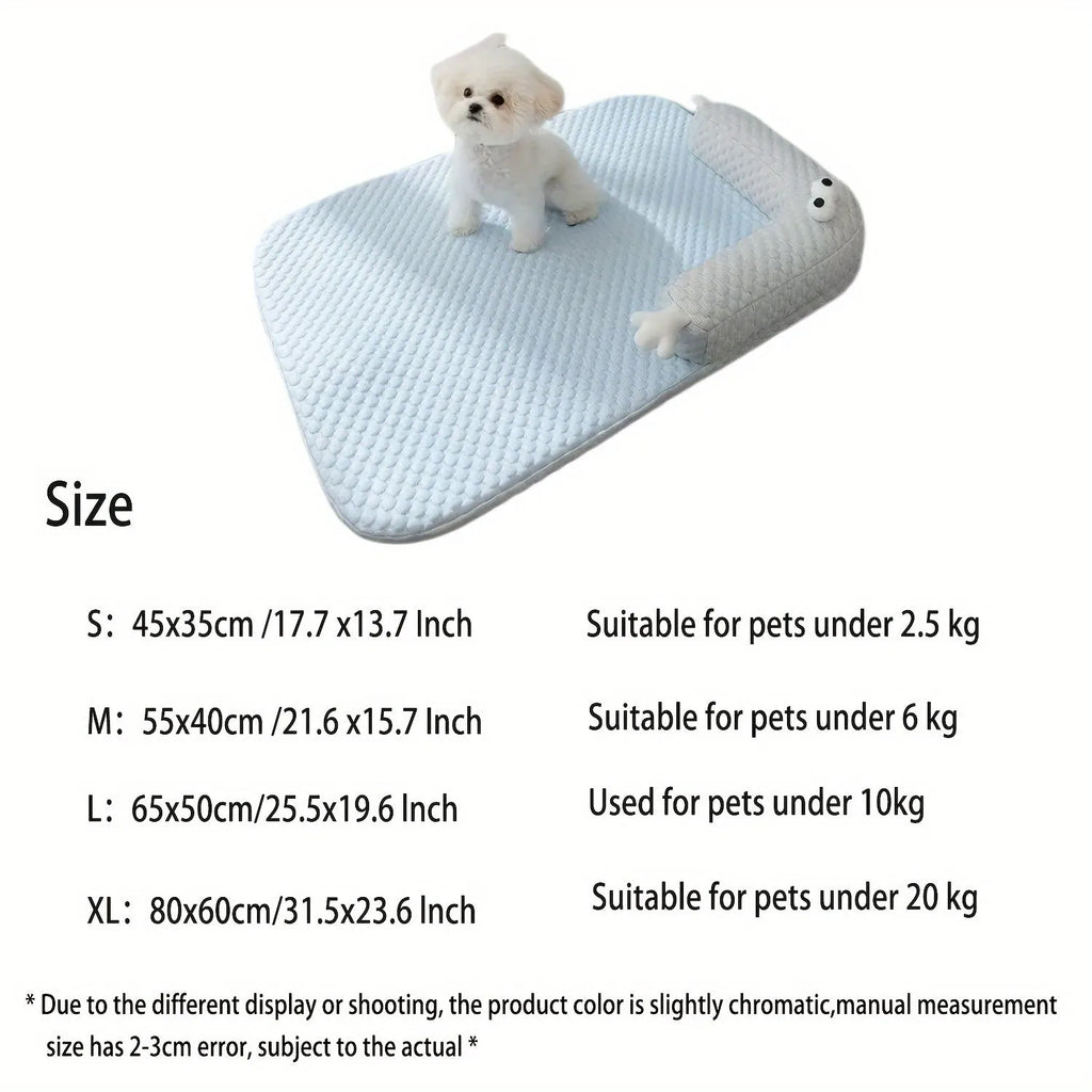 Blue and yellow monster face design pet bed for dogs and cats on a wooden floor