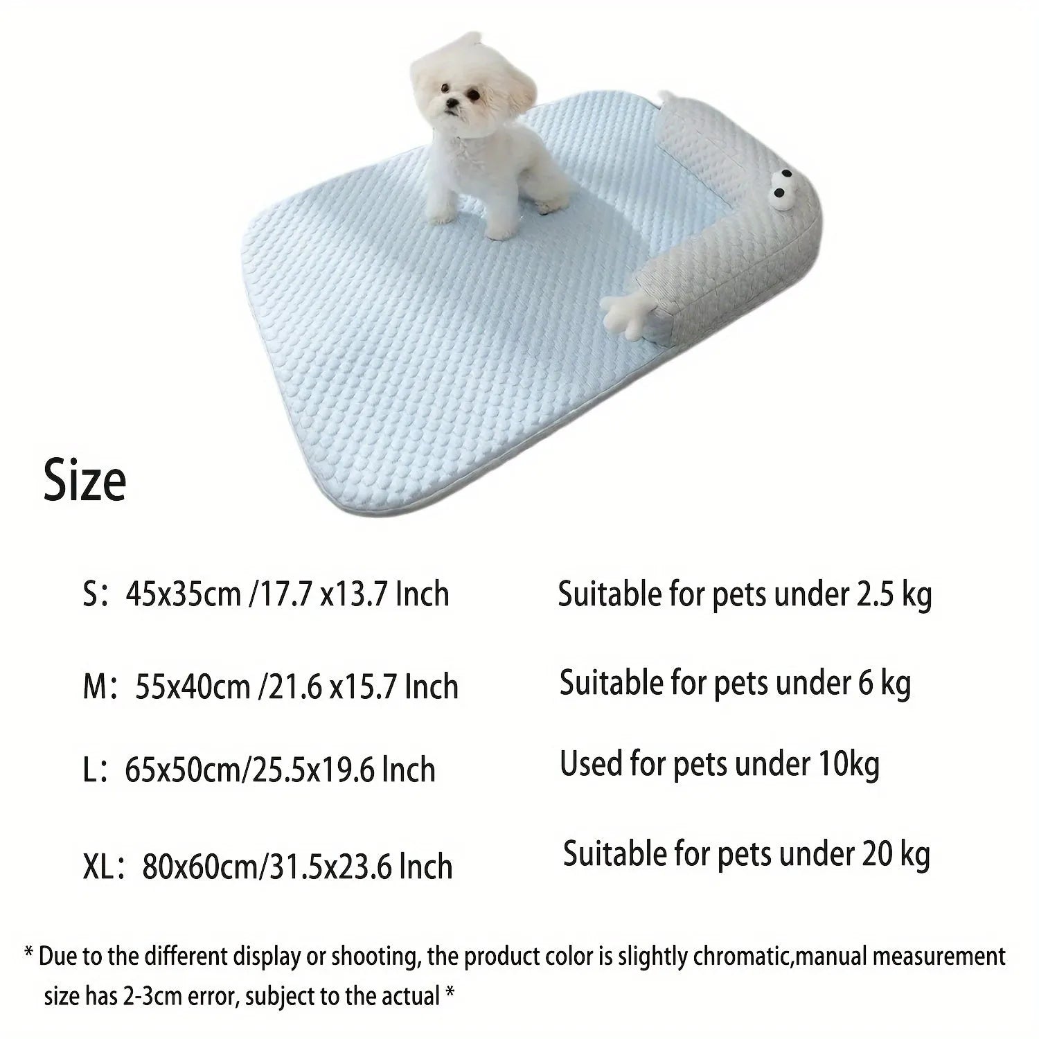 Blue and yellow monster face design pet bed for dogs and cats on a wooden floor