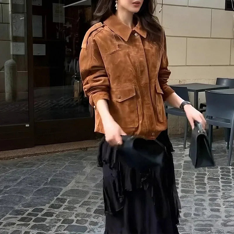 Women's brown suede-style polyester coat with regular sleeves for streetwear fashion