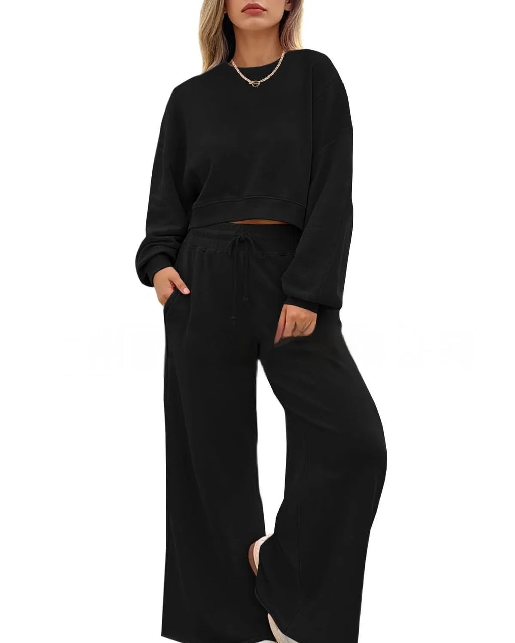 Women's solid colour two-piece trouser set with long-sleeved top and matching trousers in street hipster style