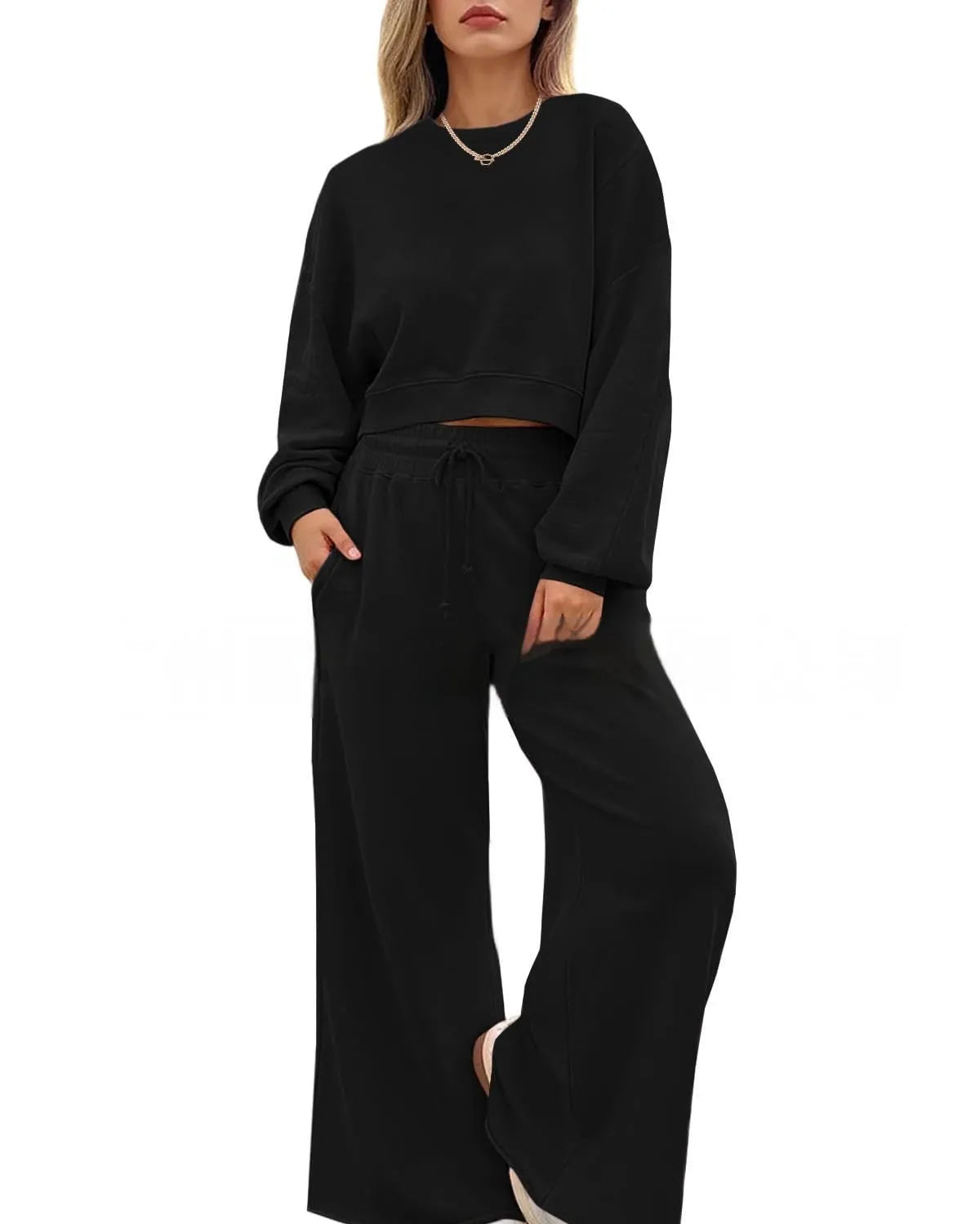 Women's solid colour two-piece trouser set with long-sleeved top and matching trousers in street hipster style