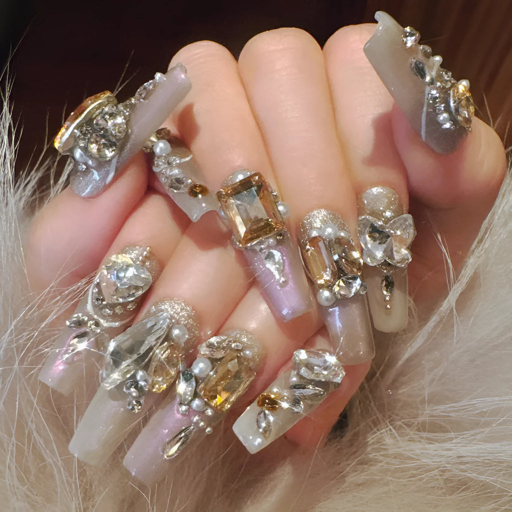 False nail patches with rhinestone designs and flash finish in card packaging