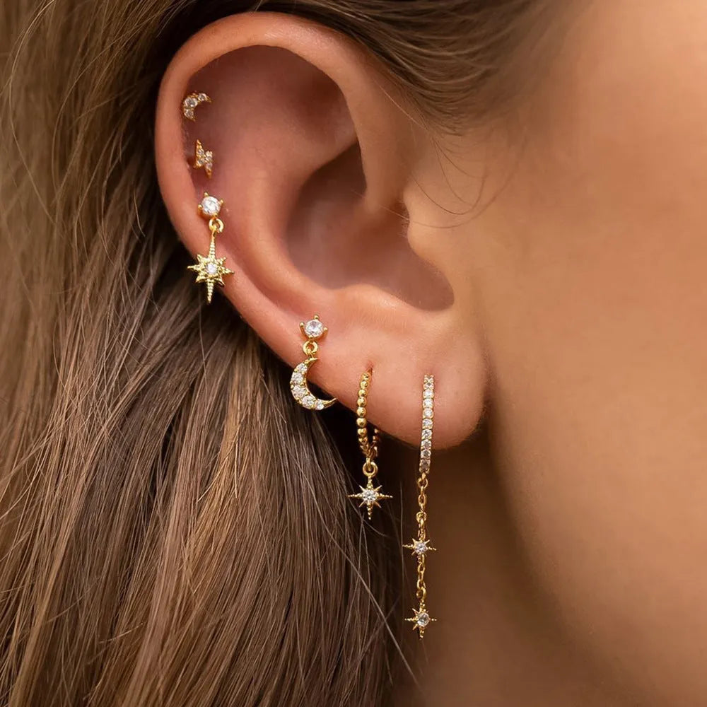 Gold chain tassel earrings with zircon stud details, six-piece set for women