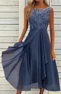 Women's sleeveless chiffon dress with stitching lace hollow-out design in green colour