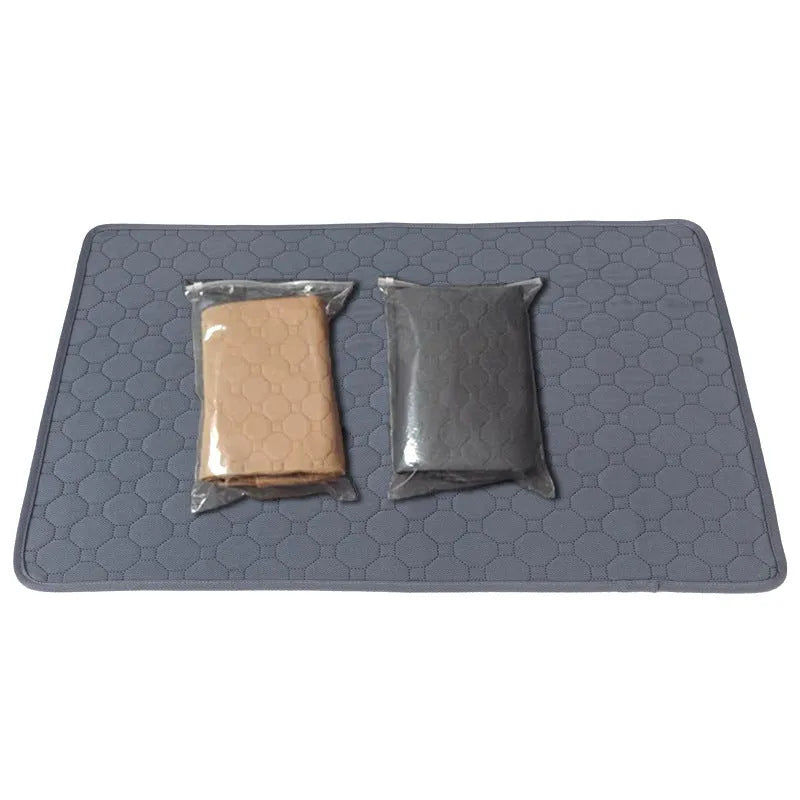 Washable tan and grey reusable dog pee pad on a wooden floor