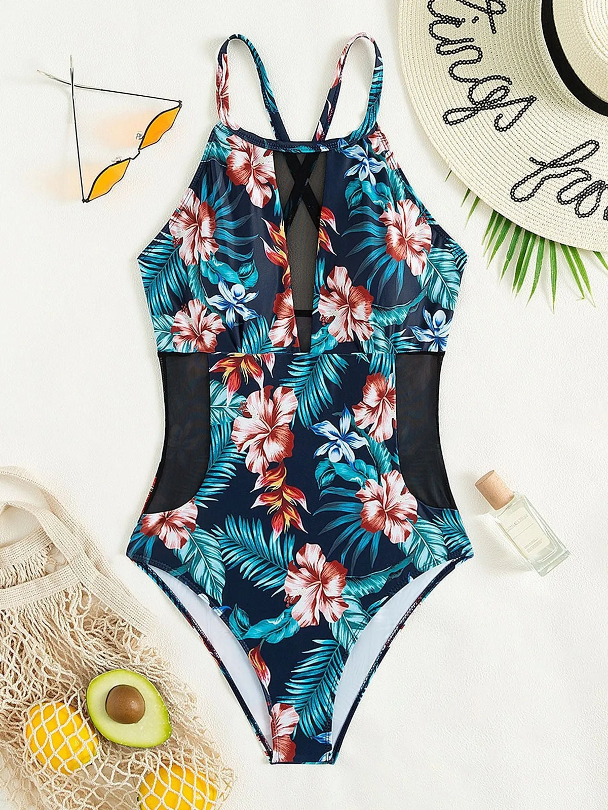 Women's deep V-neck one-piece swimsuit in solid colour and gradient prints with polyester lining