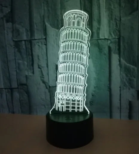 Leaning Tower of Pisa 3D acrylic nightlight with colour-changing LEDs on a black base