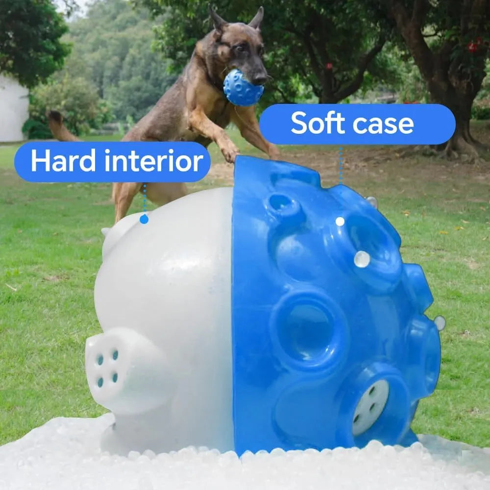 Durable rubber dog ball toy with meteorite-shaped bumps in assorted colours for aggressive chewers