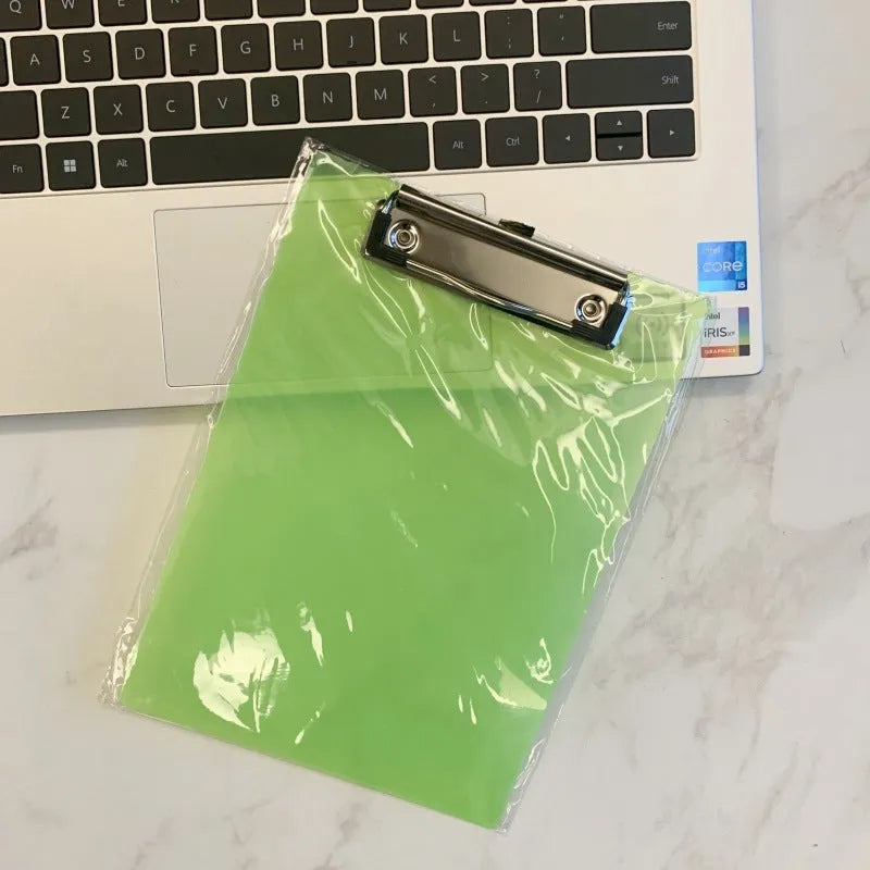 A4 and A5 transparent PP writing board with metal clip, shown in multiple colour options.