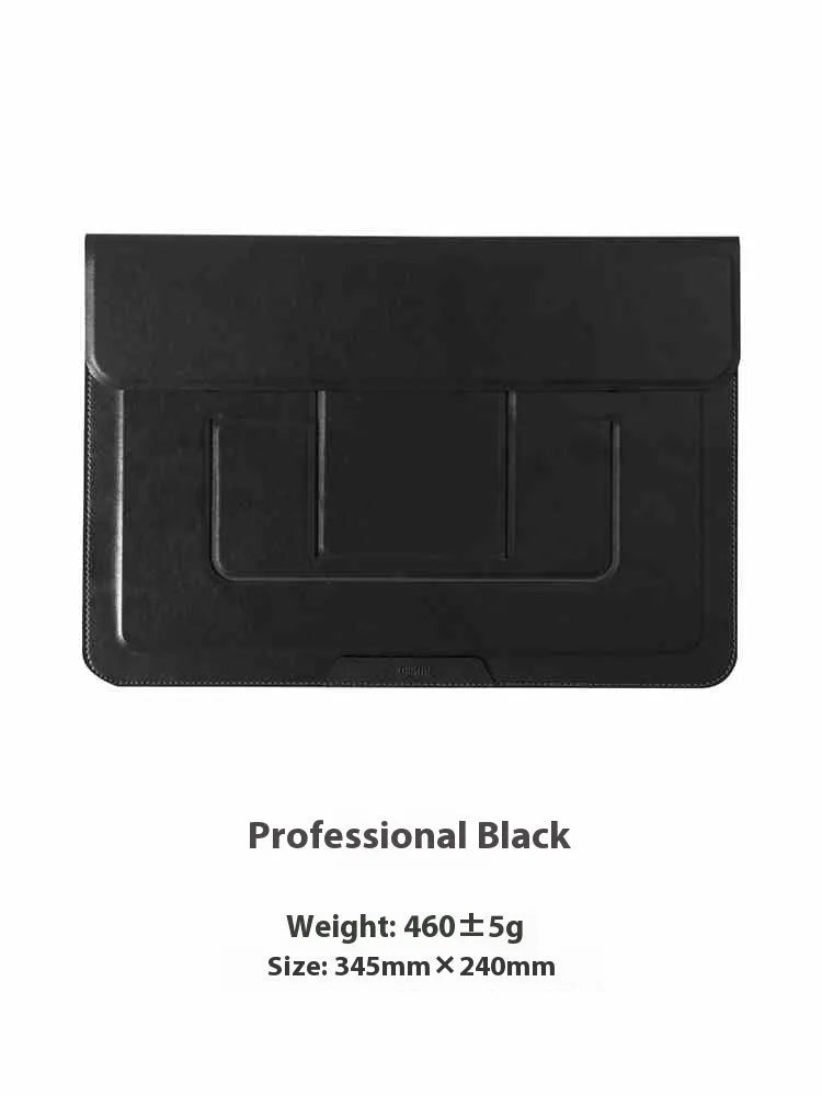 Brown 13.3-inch laptop bracket bag with integrated dual-angle stand open on a desk