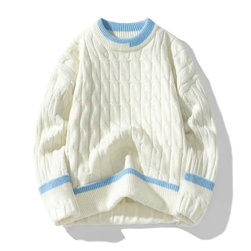 Men's loose grey and blue acrylic modal sweater set on a hanger, showing long sleeves and pullover style.