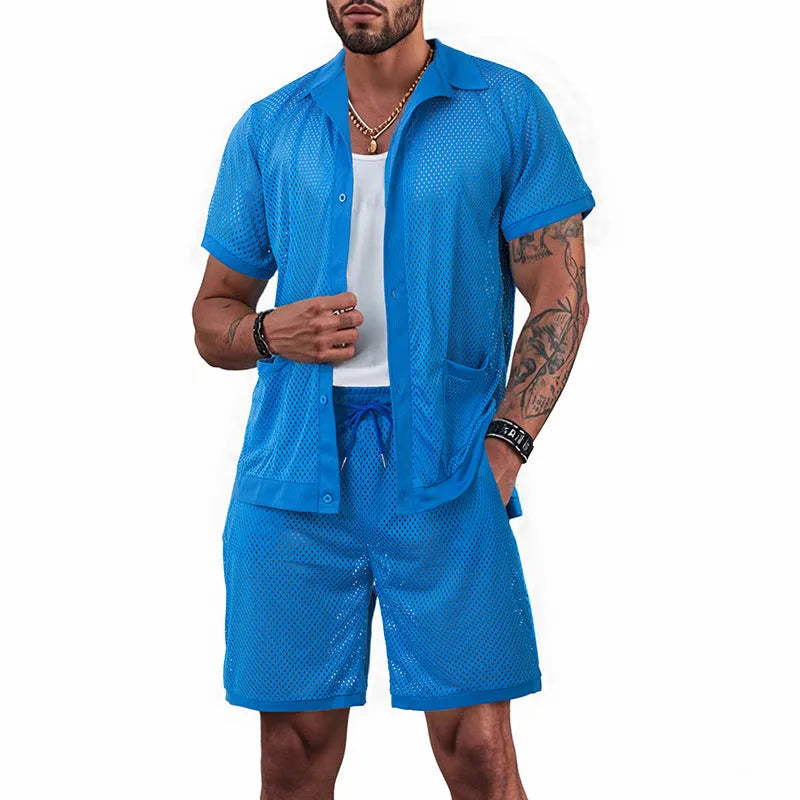 A woman wearing a light blue see-through cardigan and matching shorts from the Hawaii beach set.