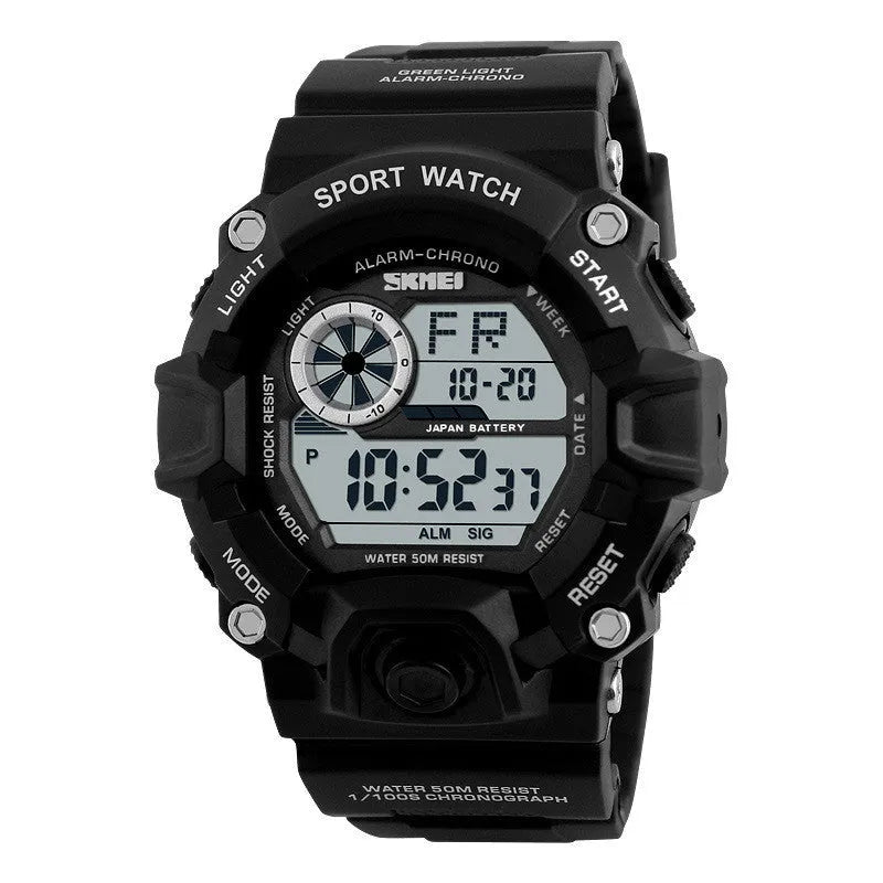 Waterproof multifunctional electronic watch with round dial and plastic strap in various colours