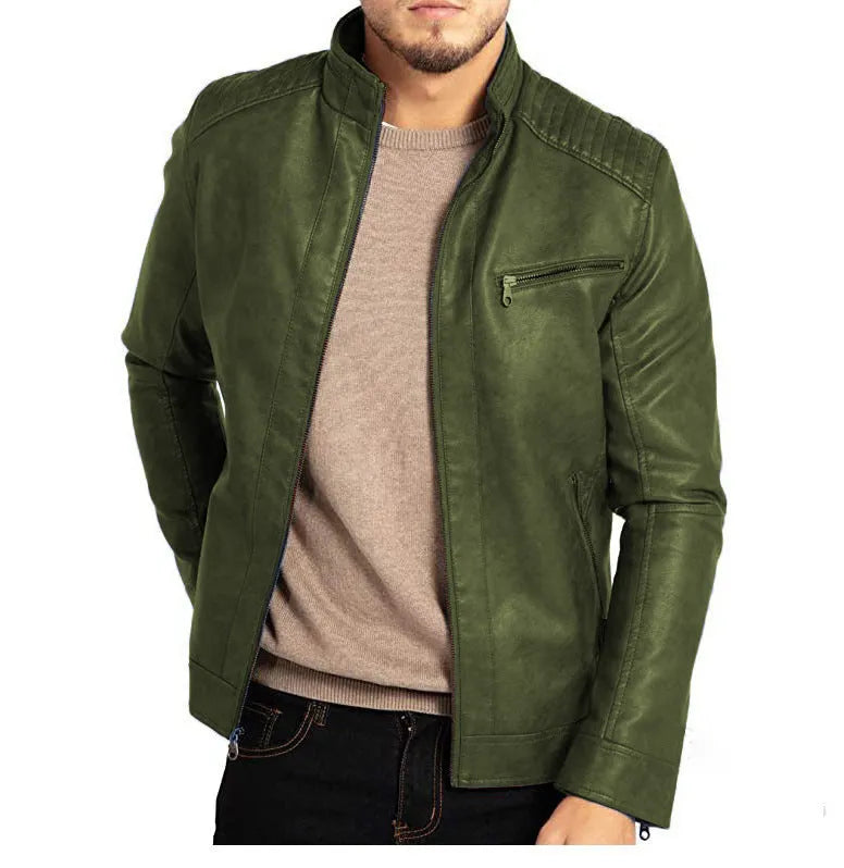 Men's brown artificial leather punk motorcycle jacket with a stand collar and patch pocket.