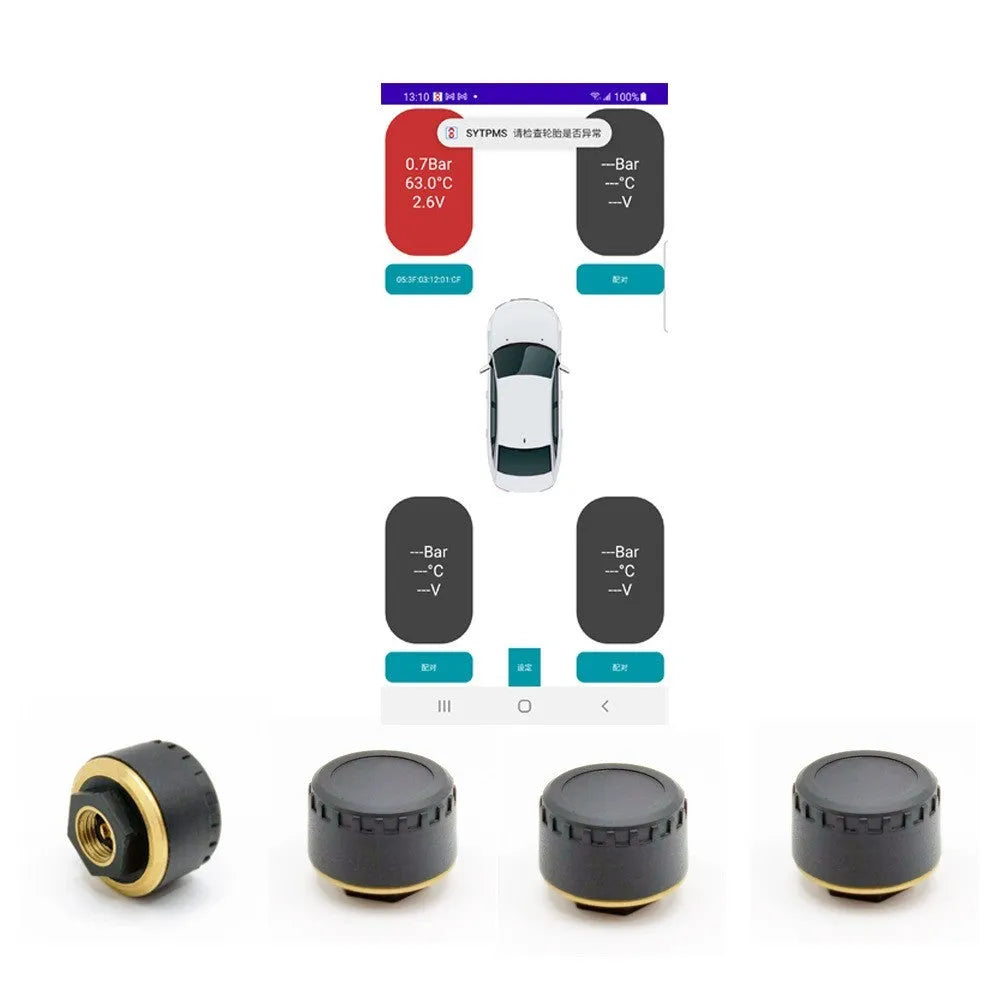 Four black Bluetooth tyre pressure sensors for car with mobile phone app display