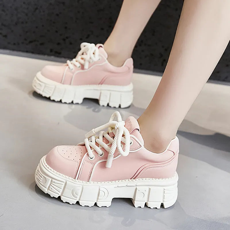Women's leather casual shoes with spring muffin bottom design in beige or pink colours