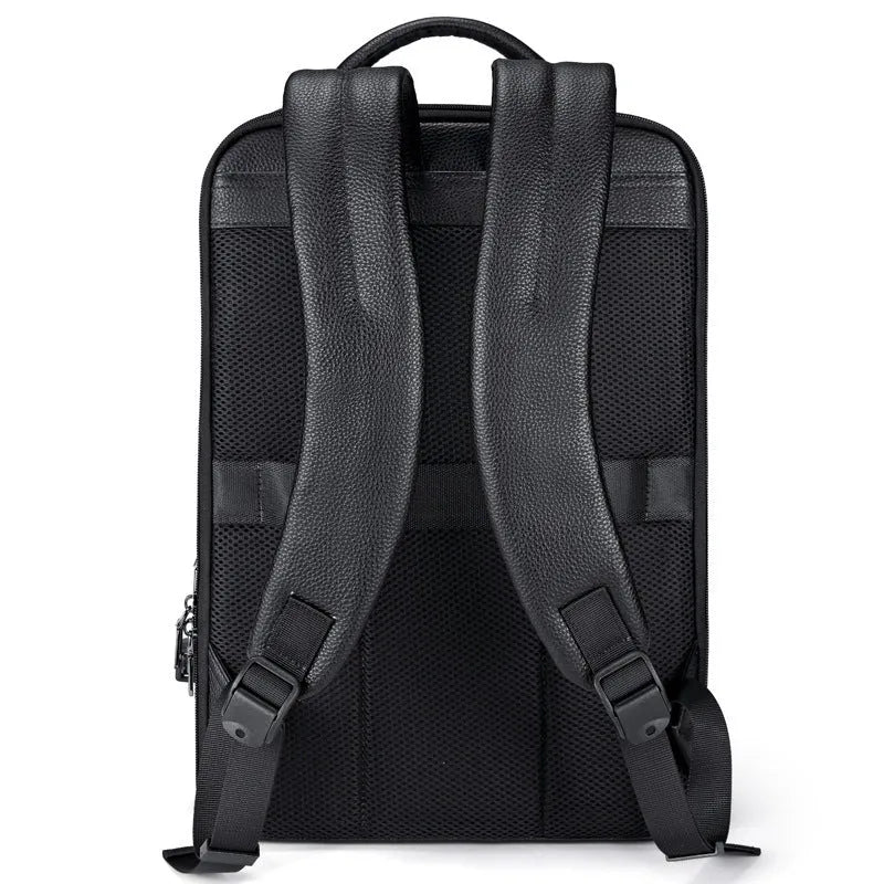 Black genuine leather men's business backpack with curved shoulder straps and sewing line detailing