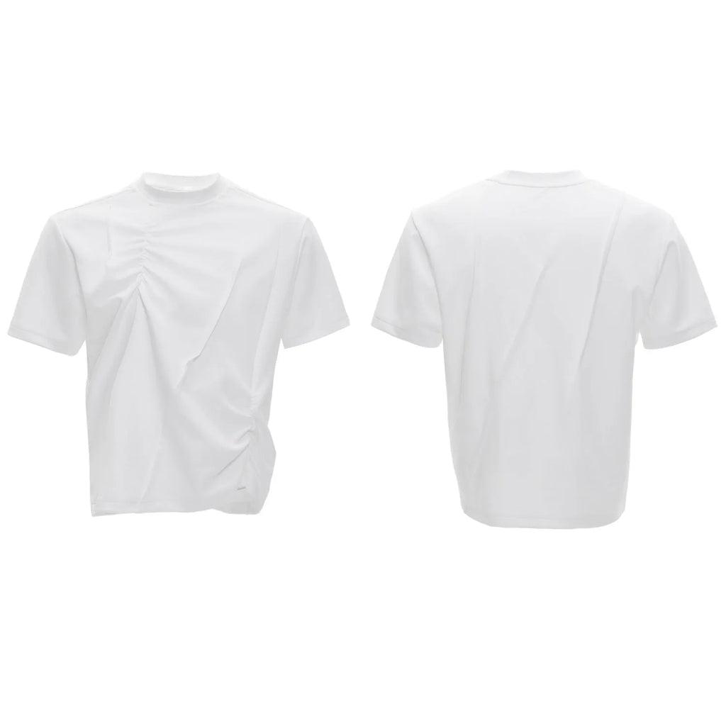 Men's loose grey cotton T-shirt with three-dimensional pleating detail on the front.
