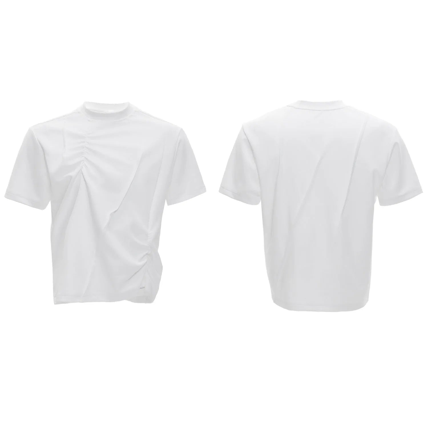 Men's loose grey cotton T-shirt with three-dimensional pleating detail on the front.