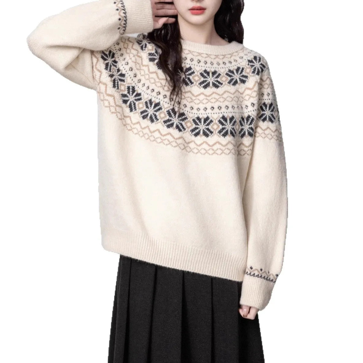Women's Milky White geometric pattern pullover sweater with long sleeves and crew neck.