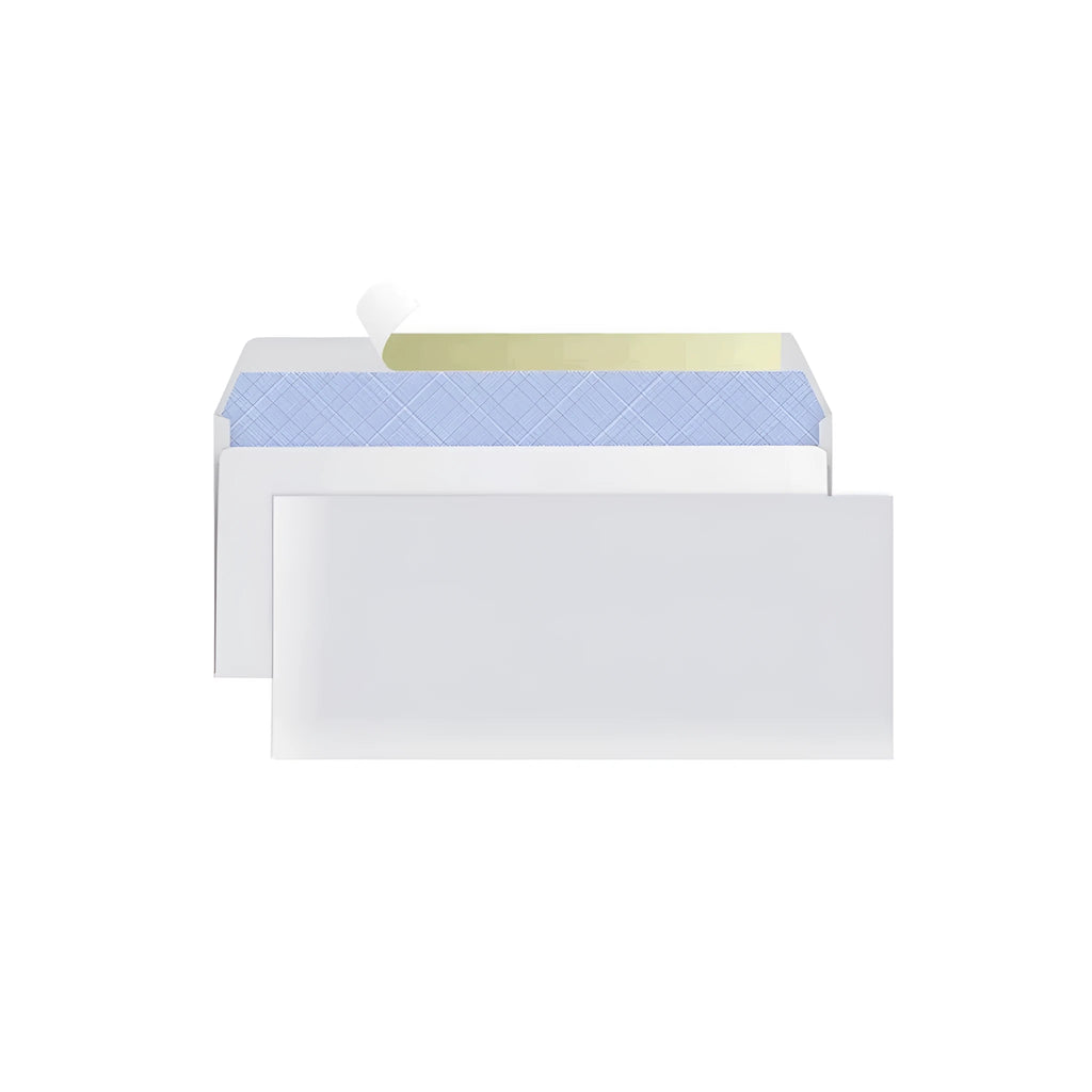 Blue tamper-evident confidential envelope showing self-adhesive strip and 105x240mm dimensions