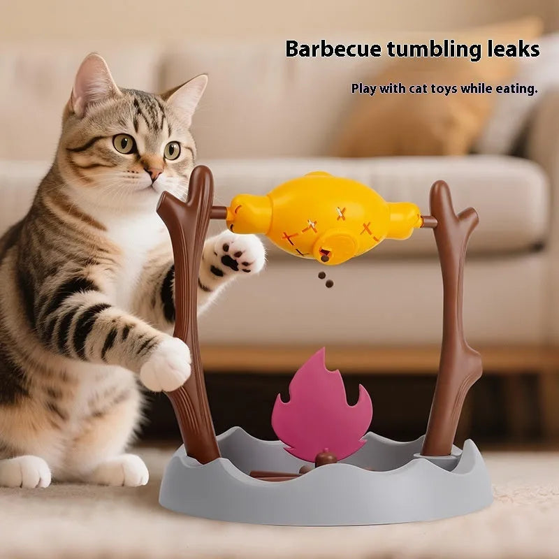 Barbecue-style cat food tumbling feeder with self-healing design measuring 30x30x29cm