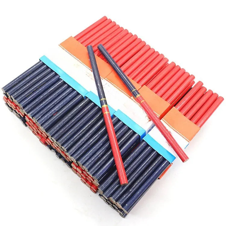Red and blue wooden carpenter pencils with round barrels in 10-piece set for woodworking marking