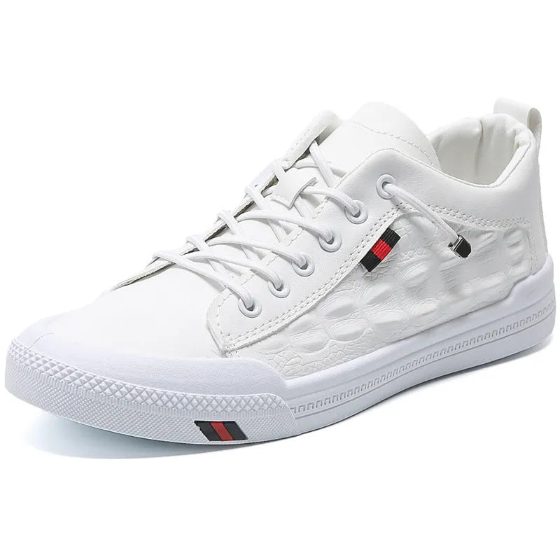 Men's white round toe lace-up sneakers with a PU leather upper and flat rubber sole.