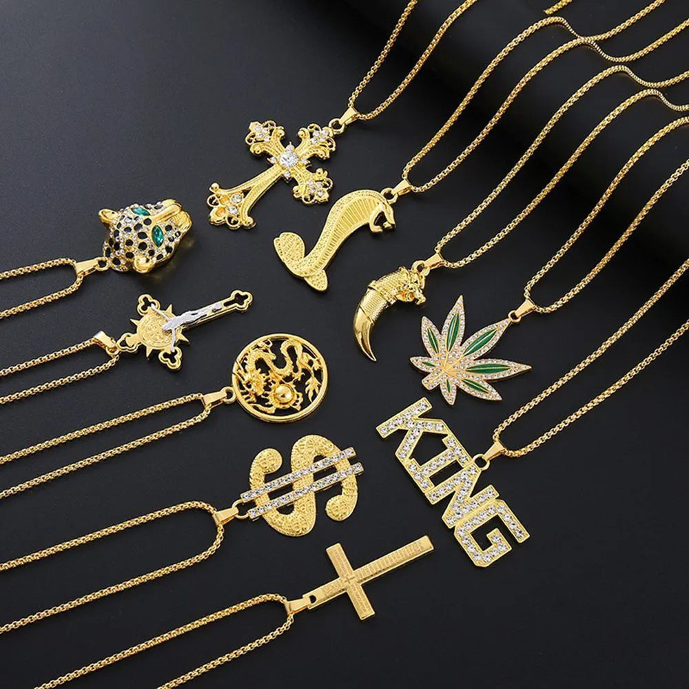 Gold-coloured geometric pendant necklace with inlaid zircon stones and alloy construction