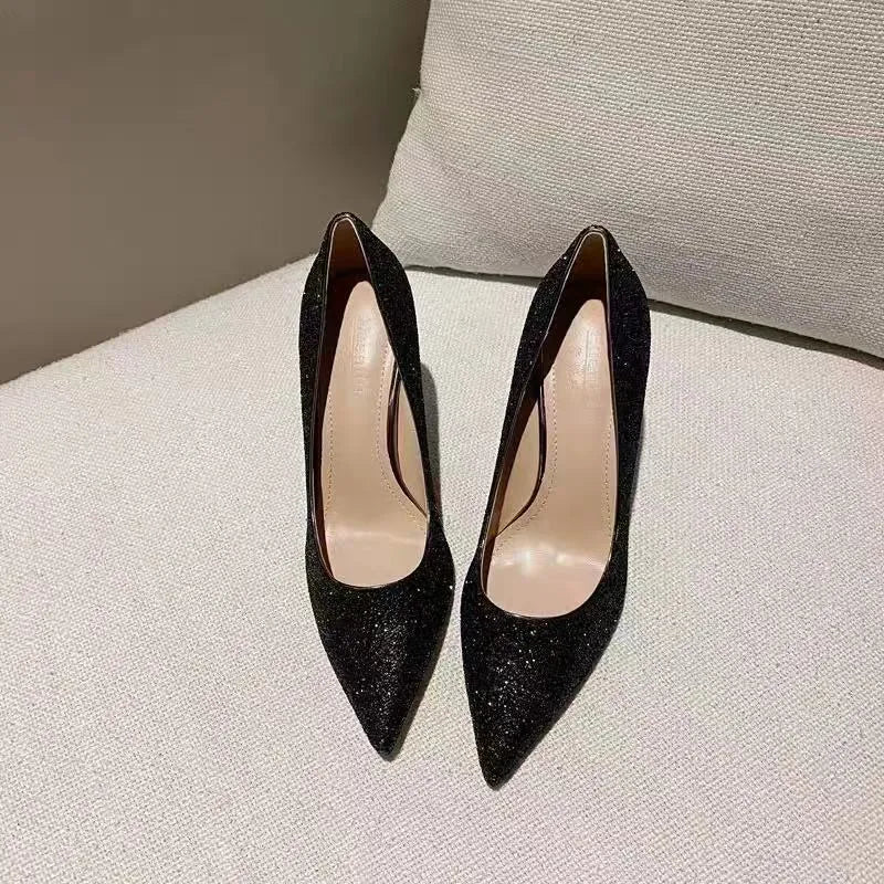 Women's silver and black wedding shoes with stiletto heels for spring and autumn ceremonies