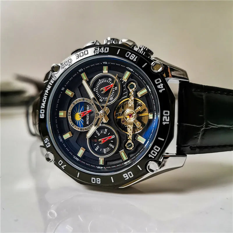 Men's stainless steel automatic mechanical watch showing 12mm thickness and available colour combinations