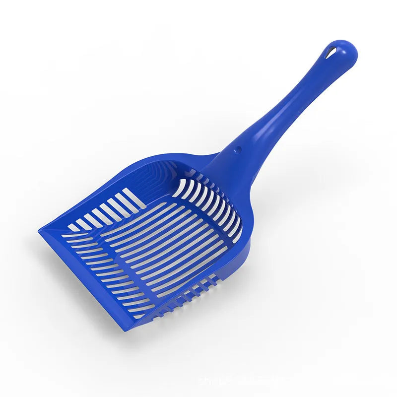 Red, yellow and blue plastic cat litter scoops in small and medium sizes