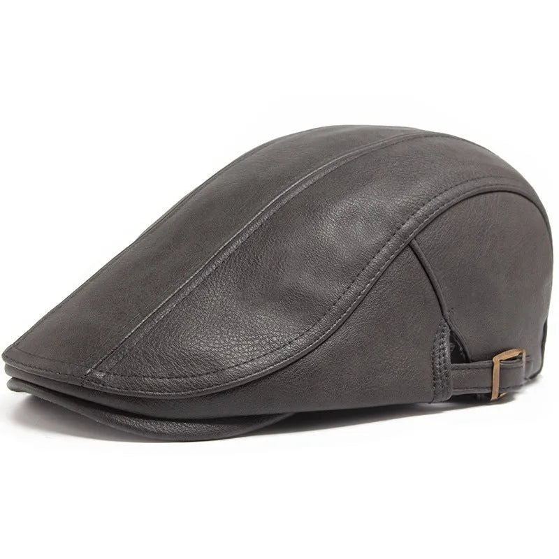 Thick PU artificial leather peaked cap with flat top crown, adjustable size, shown in black, dark gray, camel and brown for autumn and winter.