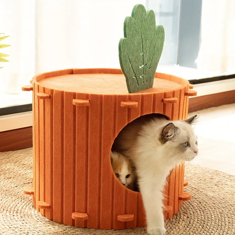 Natural felt semi-enclosed cat nest with drilled holes available in M and L sizes