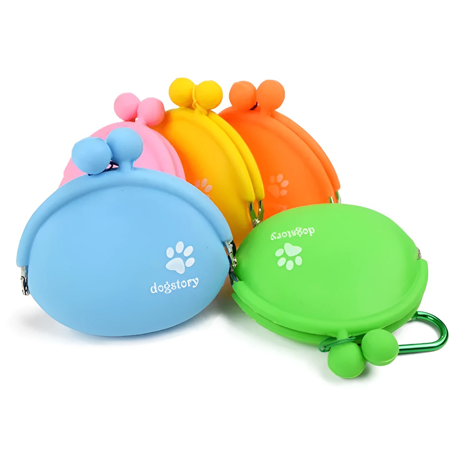 Yellow silicone dog treat pouch with hook-and-loop waist strap on a green background.