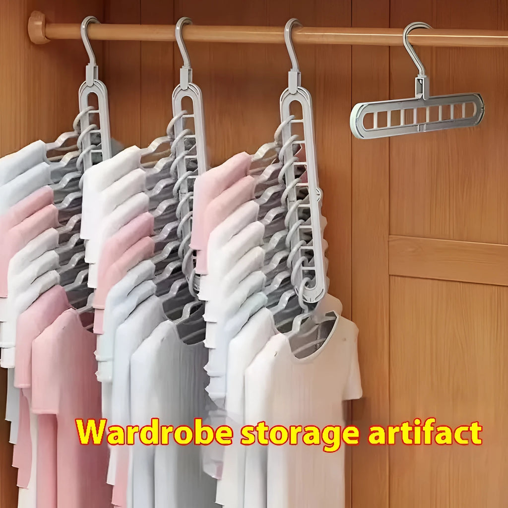 Plastic nine-hole clothes hanger with folding pant rack in a choice of five colours.